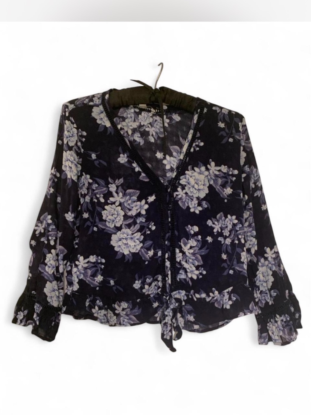 Fairy V-Neck Tie-Front Blouse - navy blue & cream size S Bell sleeves